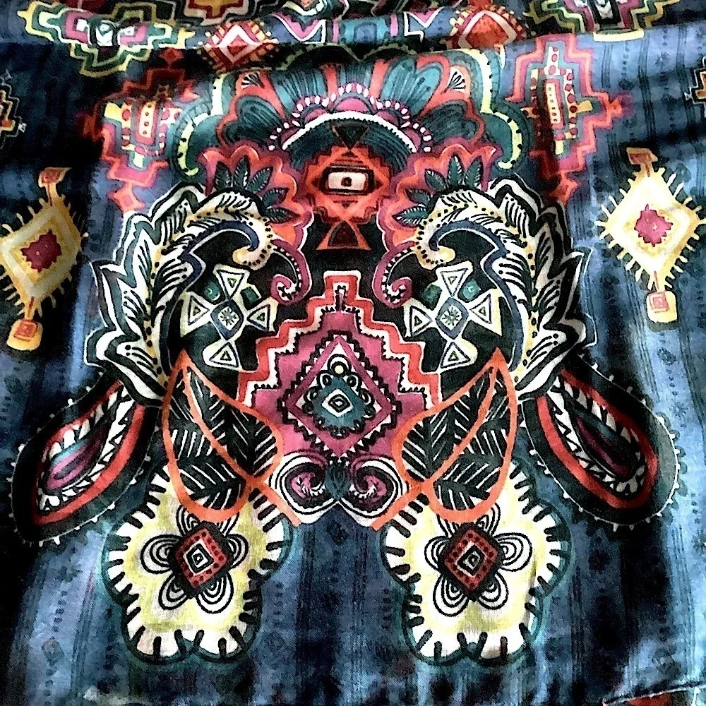 Paisley Print Scarf Aztec Accents Fringe Navy Multicolored Long 36” x 70” New!